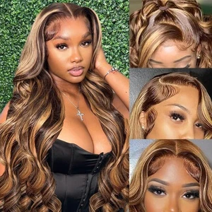 Honey Blonde Ombre Lace Front Wig Human Hair Highlight Body Wave 13X6 Lace Fr... - Picture 1 of 9