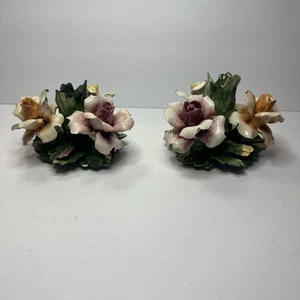 set of 2 vintage Capodimonte porcelain rose figurine candle holders from Italy - Picture 1 of 22