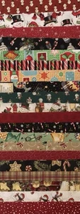 20 Strip Winter Jelly Roll, Quilt Shop Fabric, Snowmen, Candy Cane, Holly, Skis - Picture 1 of 16