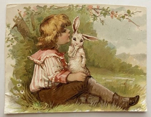 Antike Sammelkarte Löwe Kaffee Woolson Gewürz Toledo OH Junge mit Hase um 1890 - Bild 1 von 2