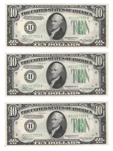 3 1934A $10 Federal Reserve Notes St. Louis Fr#2006-H ChCU - Picture 1 of 2
