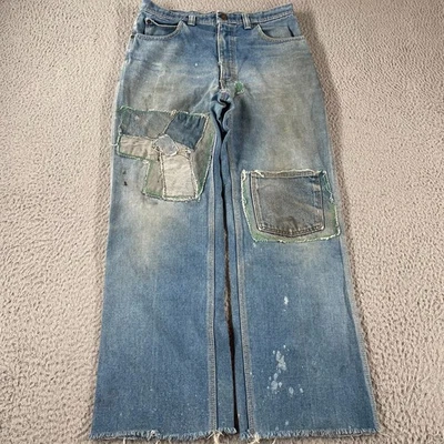 Vintage 70s Red Snap Denim Jeans Fits Size 30x28 Cool Patchwork Blue RARE * - Image 1 of 4