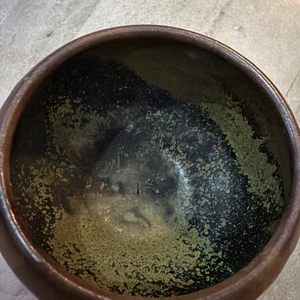 Vintage UNIKAT braun grün Tropf gesponnen Keramik Raku Tropfglasur Schüssel signiert - Bild 1 von 11