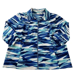Chico’s Zenergy Zip-Up Jacket Women’s 3 (Large) Blue White Print 3/4 Sleeve - Picture 1 of 5