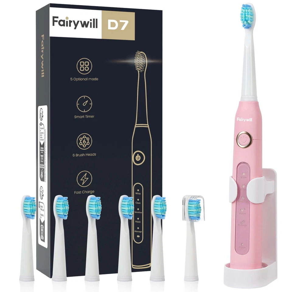 Fairywill Sonic Electric Toothbrush Timer USB Rechargeable 6x Brush Heads 5 Mode