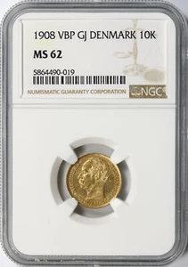 1908 VBP GJ Denmark Gold 10 Kroner NGC MS62 - Picture 1 of 4
