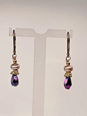 Freshwater Pearl Earrings 14kt Gold Filled Ear Hooks Faceted Irredescent stone - Image 1 of 3