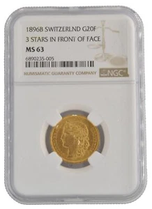 1896B Switzerland 3 Stars in Front of Face 20 Francs NGC MS63 .900 Gold Coin - Picture 1 of 2