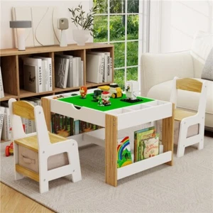 Kids 2 in 1 Play Table & Chairs Set w/ Storage & LEGO Compatible Building Block - Picture 1 of 11