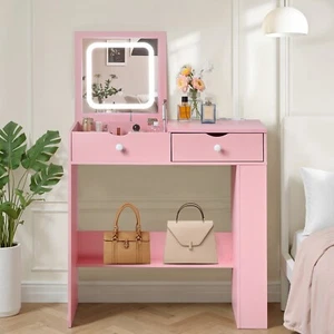 Pink Flip Up Mirror Makeup Vanity, Dressing Desk with Drawer and Open Shelves - Picture 1 of 12