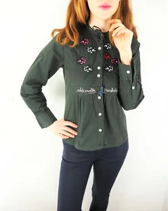 ODD MOLLY #200 Women's Long Sleeve Button Up Top Khaki Green Cotton Shirt - Picture 1 of 7