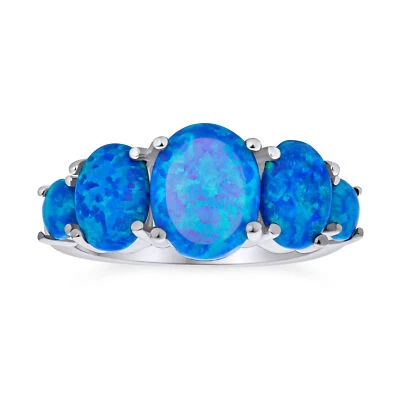 Anillo de plata 5 ópalos ovalados azules verdes creados plata esterlina piedra de nacimiento de octubre Foto 1 de 3