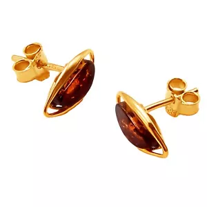 14k Pure Solid Yellow Gold Honey Baltic Amber Marquise Nice Small Stud Earrings - Picture 1 of 6
