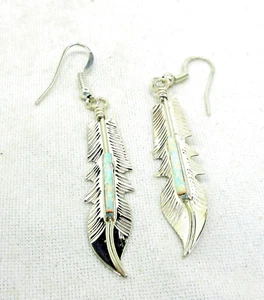 Navajo Feather Earrings Lab Created Opal Signed Allen Barney Dangle Silver #146 - Picture 1 of 4