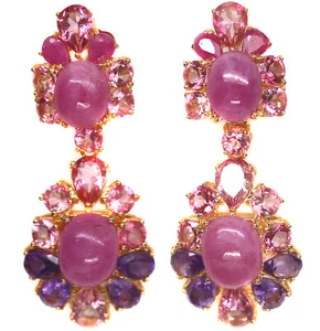 Heated 8 X 11 mm. Pink Ruby, Topaz & Amethyst Earrings Silver 925 Sterling - Picture 1 of 5