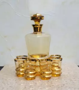 VINTAGE CZECH BOHEMIA Crystal Amber GLASS DECANTER W/ 6 Glasses - Picture 1 of 12