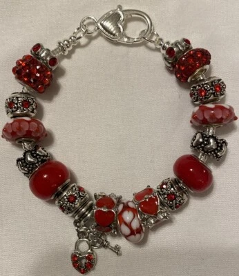 Dulce pulsera con dije europeo de San Valentín cristal de Murano rojo blanco corazones Foto 1 de 4