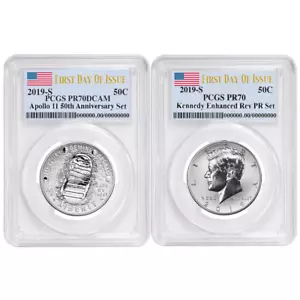 2019-S 50c Apollo 11 50. Jahr. Halber Dollar 2-teiliges Set PCGS PR70 FDOI Flagge Etikett - Bild 1 von 2