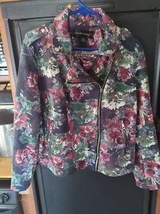 Colleen Lopez Women Size M Roses Jacket Moto Asymmetric Zip Flower Stretch - Picture 1 of 6