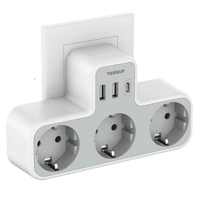 Presa Multipla TESSAN EU Con 3 Prese CA + 2 Porte USB + 1 Tipo C, Caricatore Da  - Immagine 1 di 4