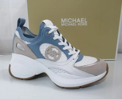 Michael Kors Zuma Knit Trainer Sporty Wedge Lace Up Sneakers White Blue Size 7 - Image 1 of 4