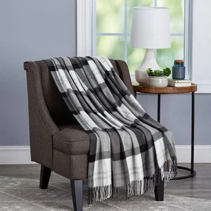 Acrylic Throw ? Oversized Vintage Look Woven Acrylic Faux Cashmere-Feel Plaid... - Picture 1 of 8