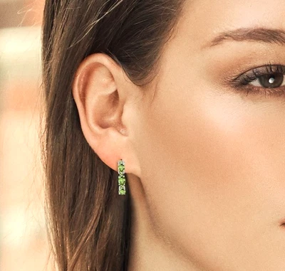 4.28 Carat Oval and Round Cut Peridot Gemstone 925 Sterling Silver Hoop Earrings - Image 1 of 4