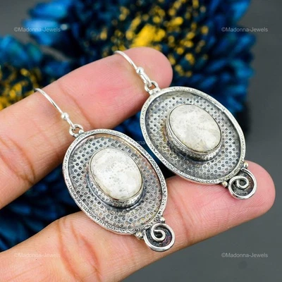 Brincos de casamento pendurados em gota de pedra preciosa coral fóssil prata 925 venda dia das filhas - Imagem 1 de 4