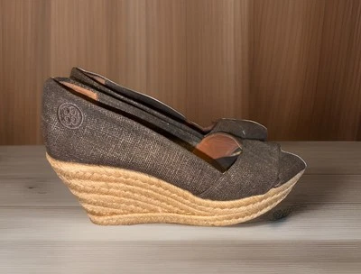 Tory Burch Talla 7 Zapatos Filipa Peltre Entrecruzado Cuña Alpargata Foto 1 de 4