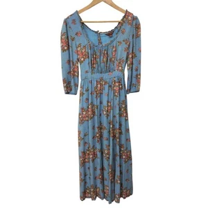 April Cornell Dress XXS Jane Austen Blue Floral Milkmaid Boho Cottagecore Farm - Picture 1 of 11