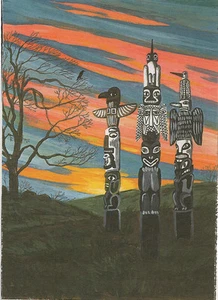 ACEO PRINT OF PAINTING RYTA ART NATIVE AMERICAN TOTEM POLE Indian Crow Halloween - Picture 1 of 1