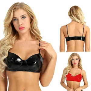 Women Sexy Wet Look PVC Leather Wire-Free No Pad Bra Top Bustier Clubwear S-5XL - Picture 1 of 20
