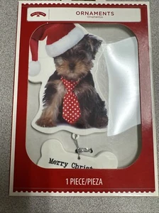Holiday Time 6" Santa Hat Yorkie Puppy Dog Christmas Ornament Bone Polka Dot Tie - Picture 1 of 1