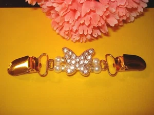 Gold Tone Metal 2~Strand faux Pearls Rhinestone Butterfly Sweater Dress Clip new - Picture 1 of 4