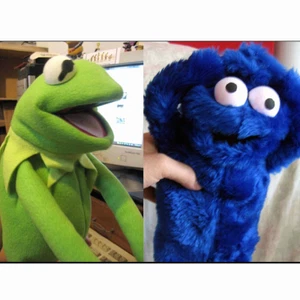 KERMIT + COOKIE MONSTER 2 HAND CRAFTED PUPPETS TOY MUPPETS SESAME STREET MUPPET - Picture 1 of 24