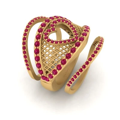 1.0TCW Created Pink Ruby Heart Wedding Ring Set Criss Cross Mesh heart ring Trio - Image 1 of 4