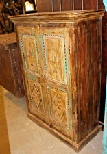 Rustic Boho Armoire Yellow Patina Carved VINTAGE Farmhouse kITCHEN CHEST Storage