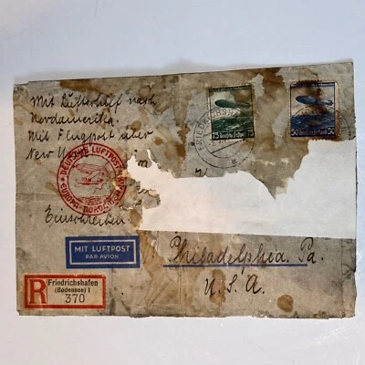 Graf Zeppelin Flight Flown  From Germany To Philadelphia ￼1936 -Envelope, Filler - Image 1 of 4
