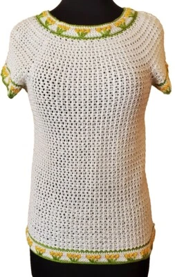 VTG Women's Crochet Knit White Top SS Retro Summer Floral Trim Small-Medium  - Image 1 of 4