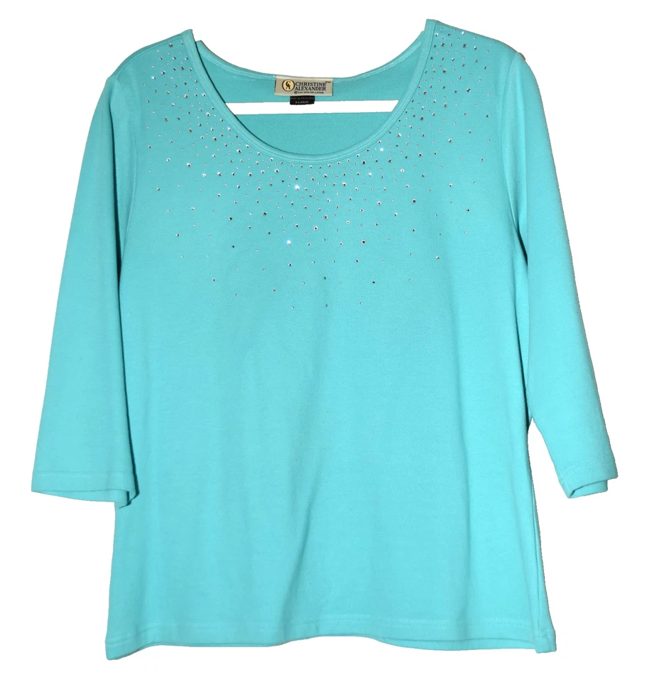 Camisa Top Christine Alexander Azul con Estrás Algodón Elástico Talla XL Foto 1 de 4