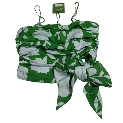 00647 Kate Spade NY Floral Ruched Smocked Crop Top Tie Green Blue Women L NWT - Image 1 of 4