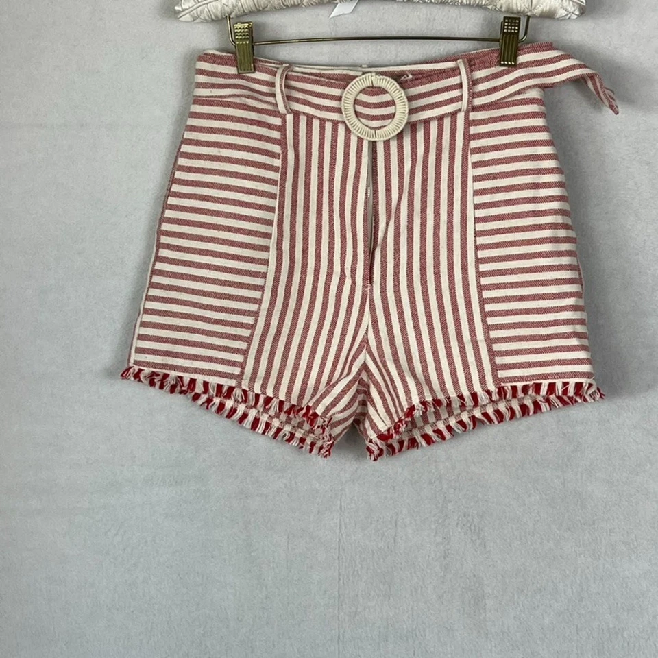 Aqua Shorts Women's XS Belted 100% Cotton Red And White Striped Frayed - Image 1 of 4