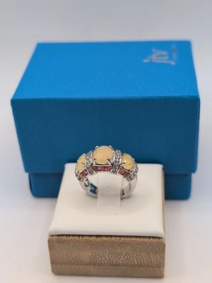 JTV BBJ Ethiopian Opal Pink Sapphire White Zircon Rhodium/Sterling Ring SZ 4 - Image 1 of 4