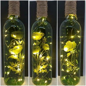 DISCONTINUED..POPPY, HAND ETCHED GREEN BOTTLE. BATTERY LIGHTS, LIGHT UP BOTTLE, - Picture 1 of 4