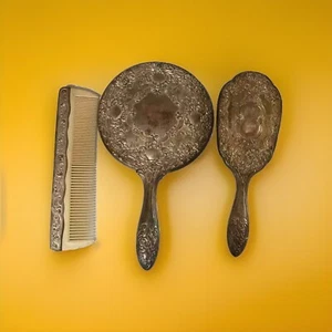 Silver Plated Vanity Set Handheld Mirror Brush and Comb Heavy Ornate Antique - Picture 1 of 4