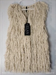 Beautiful ELAN Cream Medium Fringe Boho Shag Hippie Crochet Cardigan Vest NWT - Picture 1 of 13