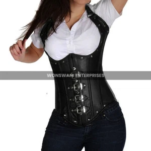 Pure Black Leather Neck Strap Corset Steel Boned Over Bust Lace up Corsets Clubs - Picture 1 of 2