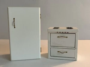 Vintage White Wooden Dollhouse Kitchen Furniture Set Stove & Refrigerator - Picture 1 of 18