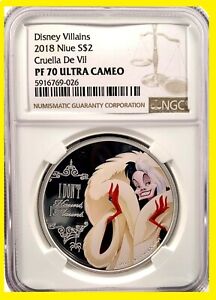 2018 1 Oz Colorized Silver $2 Disney CRUELLA NGC PF 70 UC PERFECT NEW RARE