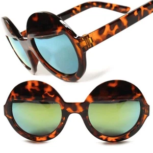 Celebrity Retro Tortoise Green Mirrored Lens Unique Round Mens Womens Sunglasses - Picture 1 of 4